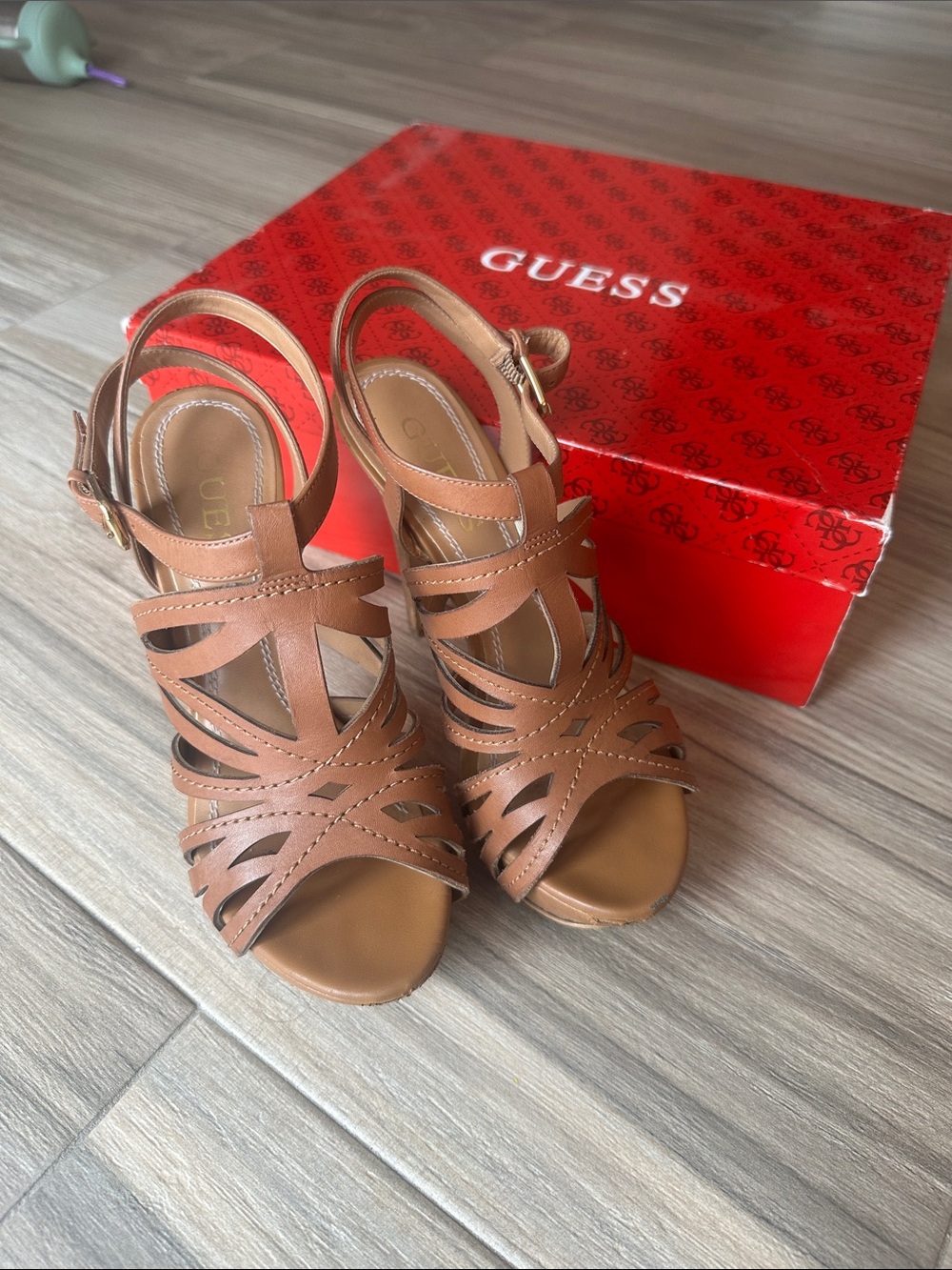 GUESS Brown Strappy Cutout Wedge Heels
